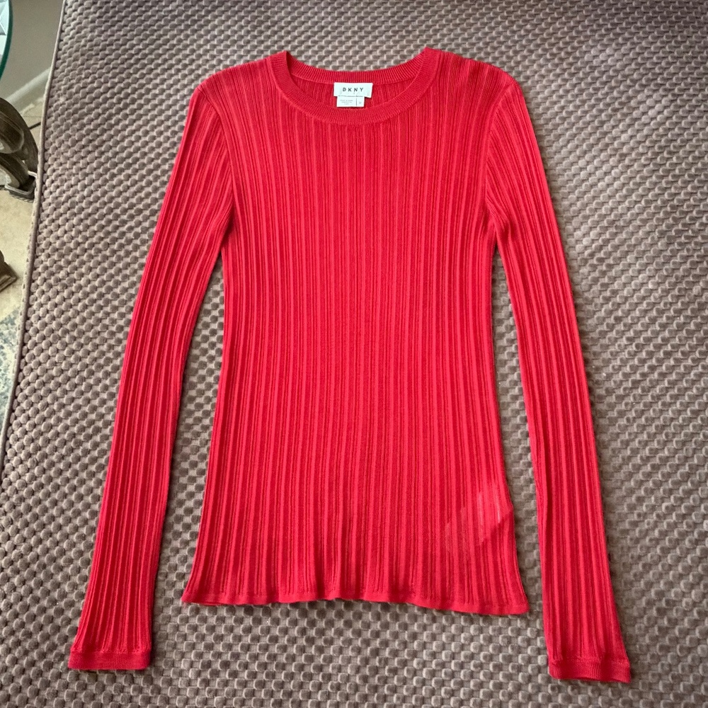 DKNY Red Ribbed Sweater Top Medium